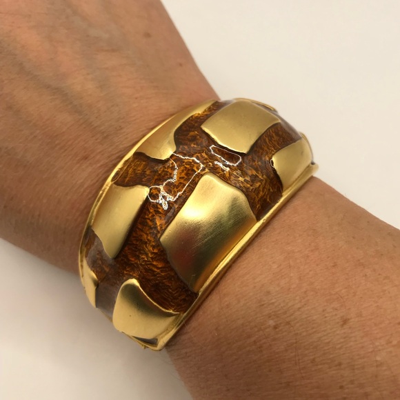 Gold-Tone and Brown Enamel Patterned Cuff Bracelet - Picture 9 of 9